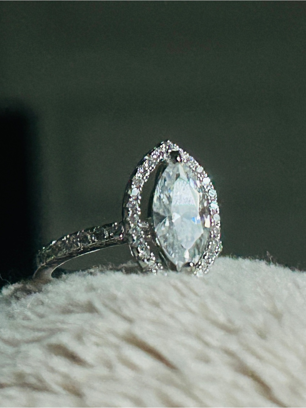 Marquise moissanite halo ring, pavé band